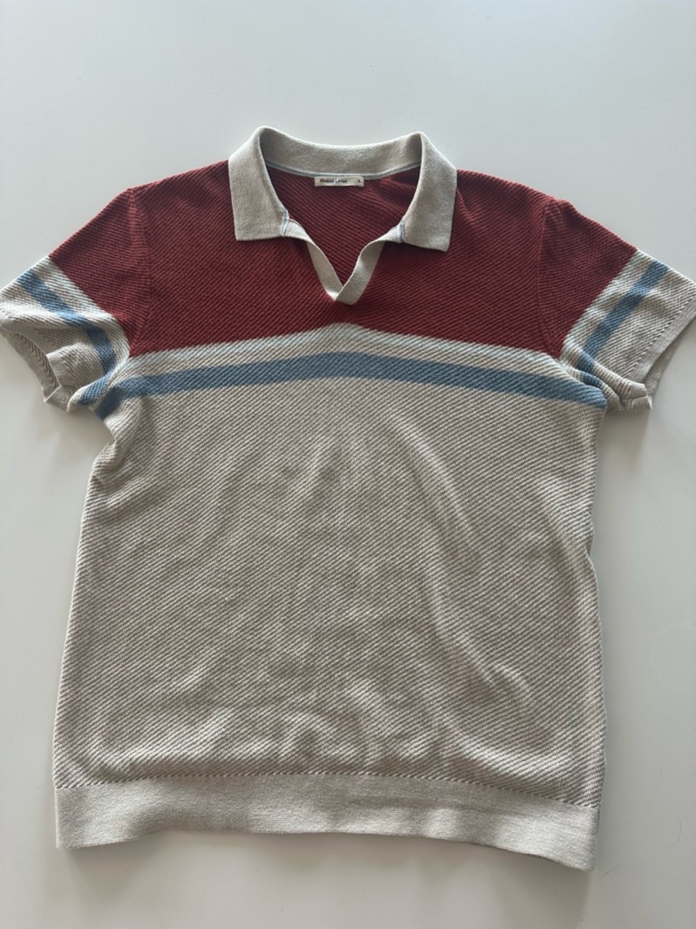 Marine Layer Short-Sleeve Polo in Rust, Cream & Blue Stripe